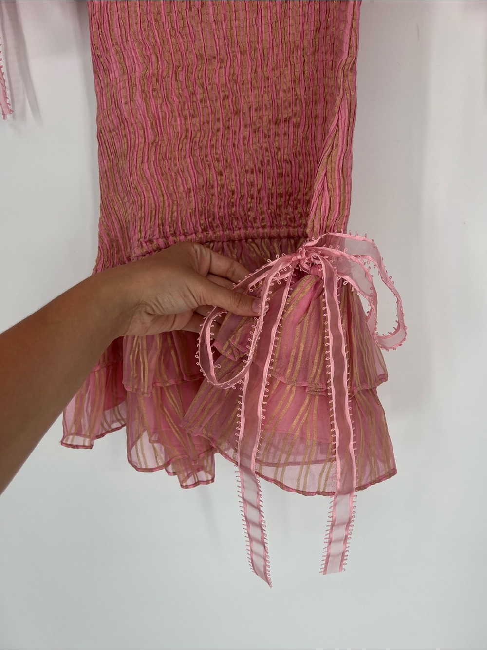 LoveShackFancy Violet Pink Silk Coquette Smocked Bow Puff Sleeve Mini Dress S - Picture 8 of 13